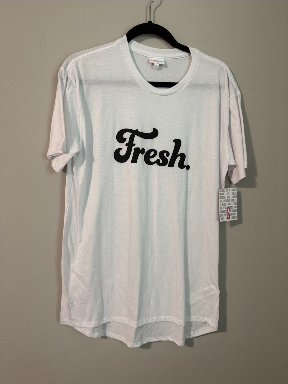LuLaRoe White Tee with Black "Fresh" Script - Short Sleeve